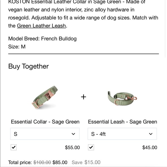 NWOT Koston SET M/L Dog Collar and Leash Set in sage green - Picture 6 of 14